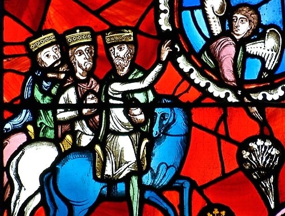 vitrail roman de la cathédrale de Clermont : les rois mages guidés par l'Etoile