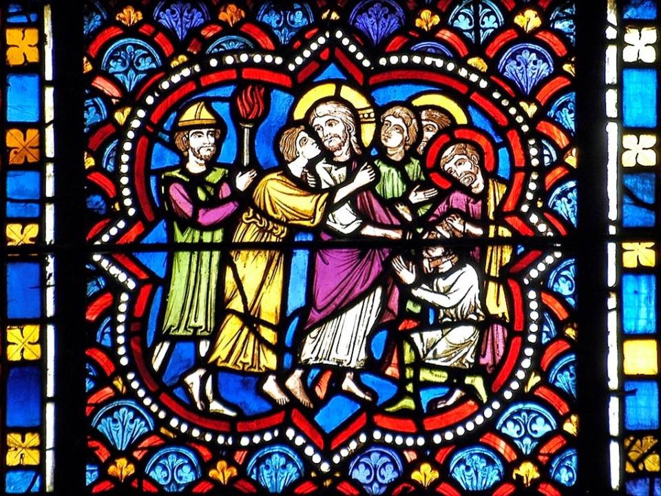 baiser de Judas, cathédrale de Clermont, médaillon XIIIe