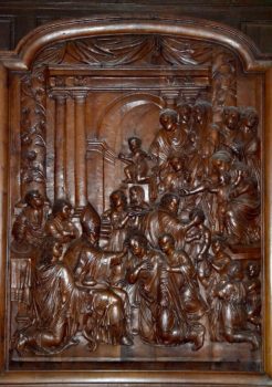 Cathédrale de Clermont, panneau de bois sculpté, la Confirmation, XVIIe