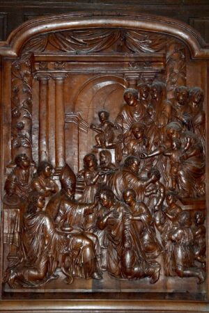 Cathédrale de Clermont, panneau de bois sculpté, la Confirmation, XVIIe