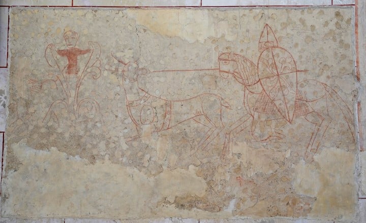 Ris, église Sainte-Croix, peinture murale, chevalier chassant un cerf