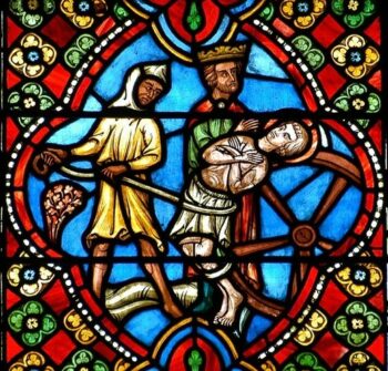 Cathédrale de Clermont, verrière Saint-Georges, médaillon du XXe : saint Georges sur la roue