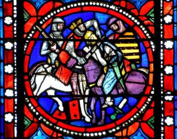 cathédrale de Clermont, verrière Saint-Bonnet : combat du roi des lombards, médaillon XIIIe