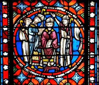 cathédrale de Clermont, verrière de Saint-Bonnet : consécration épiscopale, médaillon XIIIe