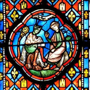 Cathédrale de Clermont, médaillon du XIIIe, Théophile vend son âme au diable