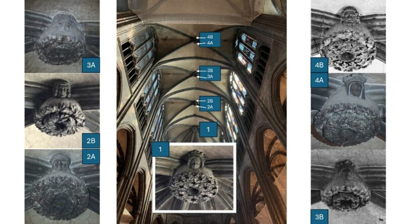 Cathédrale de Clermont, détail des clés de voûte, montage d'Eva Greenwell